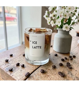 Ice Latte Temalı Kahve Kokulu Mum Cam Bardakta Dekoratif El Yapımı Hediye (Kahverengi-Beyaz)