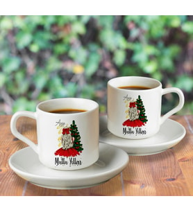 Mutlu Yıllar & Merry Christmas & Yılbaşı Tasarımlı İkili Türk Kahvesi Fincanı Seti Kişiye Özel