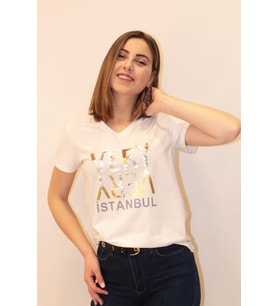 Rich Kadın V Yaka T-shirt %100 Pamuk Tişört