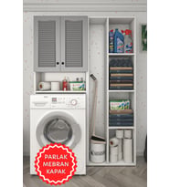 Kenzlife membran çamaşır makinesi dolabı sinemsüpürge gribyz panjur 180*126*30 mebran kapak suntalam gövde kapaklı arkalıklı raflı (Beyaz-Gri)