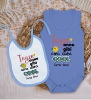BK Kids Kişiye Özel Teyze Anne Gibi Tasarımlı Mavi %100 Pamuklu Askılı Sıfır Kol Bebek Body Zıbın ve Mama Önlüğü Hediye Seti