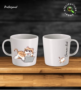 KirliPatiler Taş Kupa Fincan Üzeri Çalışan Kedi Baskılı (Model 3)