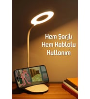 Şarjlı Masa Lambası, Dokunmatik, 3 Renk, 24 LED, Telefon Standlı, Kademeli Işık (Krem)