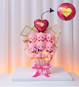 Led Işıklı Seni Seviyorum Kalpli Balonlu Mor Peluş Ayıcık Buketi Ayıcıklı Peluş Buket (Pembe)