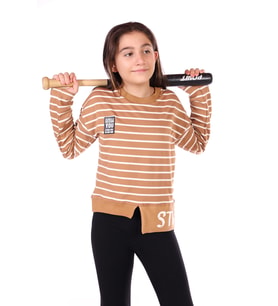 Toontoy Kız Çocuk Çizgili Striped Baskılı Sweatshirt (Kahverengi)