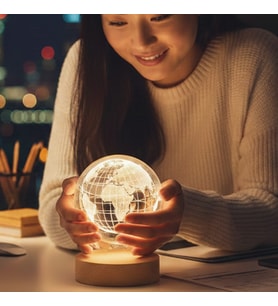 Dünya Model Ahşap Altlıklı USB LED Kristal Cam Küre Gece Lambası  Dekoratif & Hediye (Karışık)