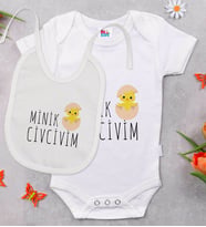 BK Kids Minik Civcivim Tasarımlı Beyaz Bebek Body Zıbın ve Mama Önlüğü Hediye Seti-1
