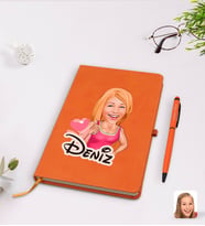 BK Gift Kişiye Özel Kadın Karikatürlü Turuncu Termo Deri Defter Kalem Seti Model 49