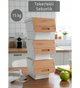 3’lü Tekerlekli Sebzelik Patates Soğan Sepeti Soğanlık Organizer Kutu Bambu Beyaz Desen 36 Lt