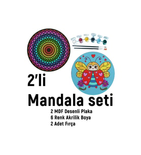 2'li Mandala Boyama Seti- Okul-aile Etkinliği-2 Ham Mdf Plaka, 6 Renk Boya,2 Fırça Model-35