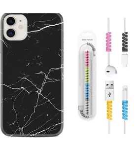 Apple iPhone 11 12 13 Mini Kılıf Kablo Koruma Spiral Silikon Siyah Mermer 1299