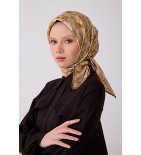 Çiçek Desen İpek Twill Eşarp  - 2026 İlkbahar-Yaz (T)  4319 (Hardal)