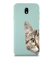 Samsung Galaxy J7 Pro Uyumlu Lansman Kılıf Catface Tasarımlı İçi Kadife Kapak-Turkuaz (Şeffaf)