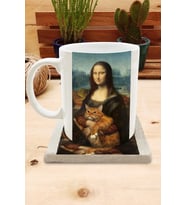 Kediler ve Sanat/Leonardo Da Vinci Mona Lisa Set 8 - Standart Kupa-Taş Bardak Altlığı 1