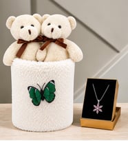 Peluş Saksıda Peluş Ayıcık Buketi ve Gerçek Pembe Ametist Taşlı Lotus Kolye Kadına Sevgiliye Hediye