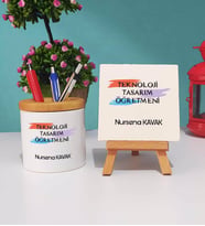Teknoloji Tasarım Öğretmeni Kalemlik ve Dekoratif Taş Baskı Hediye Seti