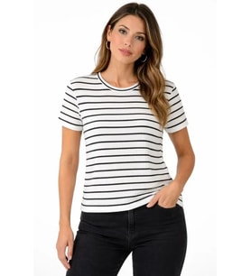 Çizgili Yazlık Triko T-Shirt Bisiklet Yaka Rahat Kalıp Tişört - Beyaz