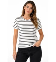 Çizgili Yazlık Triko T-Shirt Bisiklet Yaka Rahat Kalıp Tişört - Beyaz