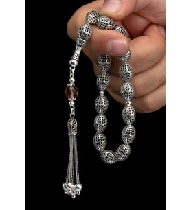 Sertifikalı Maskot Gümüş Tespih 10x14mm 36Gr Arpa Kesim, Efe Tesbihi (Gri)