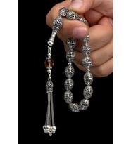 Sertifikalı Maskot Gümüş Tespih 10x14mm 36Gr Arpa Kesim, Efe Tesbihi (Gri)