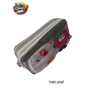 Haki renkli, 3 gözlü, içi full astarlı, elma detaylı kalemlik