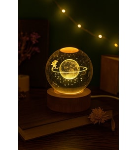 Ledli USB'li Ahşap Standlı Satürn Kız Küre Temalı Kristal Küre Gün Işığı 3D Oda Gece Lambası (Karışık)