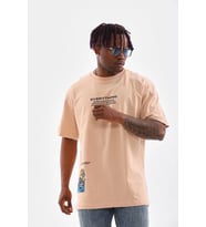 Erkek Bisiklet Yaka Baskılı Oversize T-Shirt - Bej