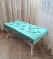Kapitoneli Ayak Ucu Kapı Önü Antre Bench Puf Beyaz Ayak (110*45) (Turkuaz)