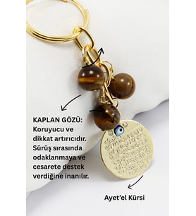 Doğal Taşlı Metal Ayetel Kürsi Dualı Anahtarlık, Kaplan Gözü Boncuklu Çanta Süsü (Standart)