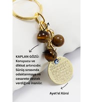 Doğal Taşlı Metal Ayetel Kürsi Dualı Anahtarlık, Kaplan Gözü Boncuklu Çanta Süsü (Standart)