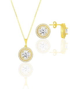 Gümüş altın yaldızlı zirkon taşlı pırlanta montürlü yuvarlak ikili set SGTL12085GOLD