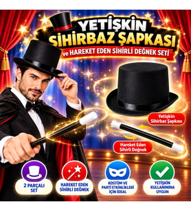 Yetişkin Sihirbaz Şapkası ve Hareket Eden Sihirli Değnek Seti