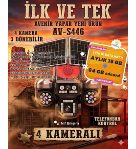 Avenir 4 Adet 3mp Kameralı 4G solar Kamera 1 Yıllık 15GB Sim Kart + 64GB Hafıza Kartı Dahil 4.5G Sim Kart Dış Mekan Solar Güneş Panelli Kamera