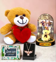Kişiye Özel Premium Set Led Işıklı Fanus & Anka Kuşu Kolye & Kalpli Peluş Ayıcık (Model 1)