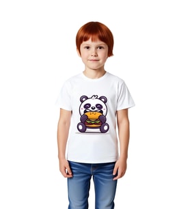 Çocuk Karikatür Panda Burger Baskılı Kısa Kollu Tişört %100 Pamuk Rahat Kesim Günlük Modern Şık