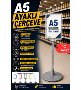 10 Adet - A5 Ayaklı Menü ve Fiyat Bilgi Standı Yuvarlak Tabanlı Teleskopik Çerçeve Etiketlik Şeffaf