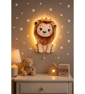 Ahşap Aslan Pilli Ledli Gece Lambası Bebek Çocuk Odası-Yıldız Sticker Hediyeli