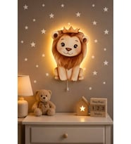 Ahşap Aslan Pilli Ledli Gece Lambası Bebek Çocuk Odası-Yıldız Sticker Hediyeli