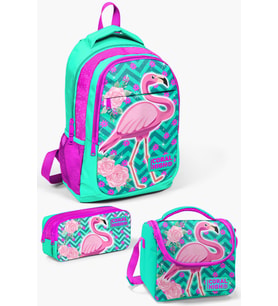 Coral High Kids Su Yeşili Pembe Simli Flamingo Desenli 3’lü Okul Çanta Seti SET0114382