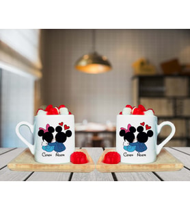 Minnie Mouse & Mickey Mouse Çift Tasarımlı Ahşap Tabaklı Kişiye Özel Türk Kahvesi Fincanı Set
