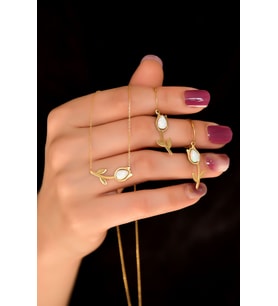 925 Ayar Gümüş Gold Kaplama Özel Tasarım Beyaz Opal Kolye Ve Lale Küpe Set