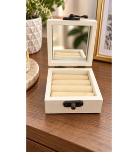 Ahşap Takı Kutusu Aynalı Dekoratif Mücevher ve Yüzük Saklama Kutusu 7x7x4 cm