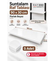 5’li Set - 90x30 cm Suntalam Mağaza Rafı Beyaz Geniş Ahşap Raf Tablası Konik Dikme Uyumlu