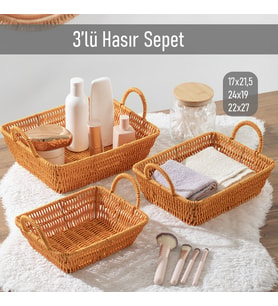 Porsima 301-A Dikdörtgen 3'lü Hasır Sepet Dekoratif Ev Düzenleyici Kendinden Kulplu Hasır Sepet Seti Banyo Düzenleyici Sepet