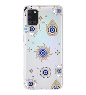 PrintiFy Samsung Galaxy A21s ile Uyumlu 1mm Slim Fit Nazar Boncuğu 5 Baskılı Şeffaf  Kılıf