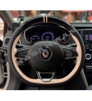 Renault Koleos 2 Dikme Direksiyon Kılıfı Parlak Siyah Bej Detaylı Bej Çift Yüzük ve Dikiş 2016-2024