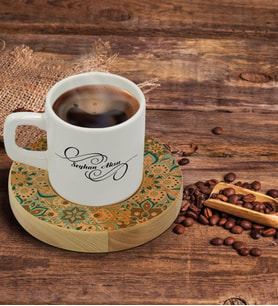 BK Gift Kişiye Özel Retro Motif Tasarımlı Doğal Ahşap Tabaklı Türk Kahvesi Fincanı Model 11