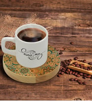 BK Gift Kişiye Özel Retro Motif Tasarımlı Doğal Ahşap Tabaklı Türk Kahvesi Fincanı Model 11