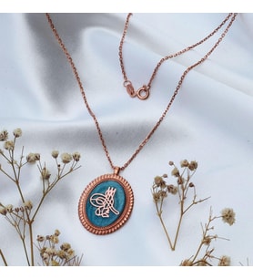 Mine İşli Osmanlı Tuğrası Rose Gold Kaplama Gümüş Kolye