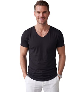 DeepSEA Siyah Erkek Slim Fit Derin V Yaka Basic Tişört %90 Pamuk Likralı Asimetrik Kesim 2602265